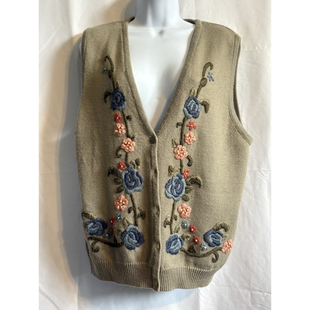 Floral Embroidered Sweater Vest Vintage 90's Med Cottage Granny Coquette Flower